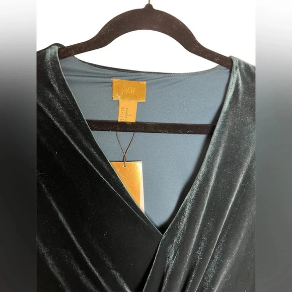 H & M Faux Wrap Stretch Velvet Dress Long Sleeve Bodycon Teal Blue Size 10 - Picture 3 of 5